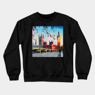Oil on canvas, London street. A work of art. Big Ben and the Red Tree. To England Crewneck Sweatshirt